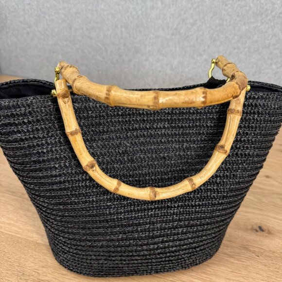 Kim Rogers Vintage Style Woven Straw Purse Bamboo Wooden Handles Black Beachy - Picture 4 of 10